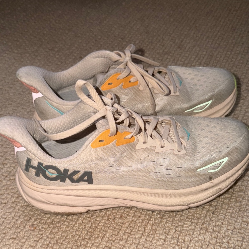 Hoka Beige and Orange Athletic Shoes